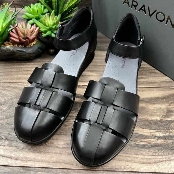 NIB Aravon Josie Two Piece Mary Jane Fishman Sandal Closed Toe Black - Picture 3 of 12